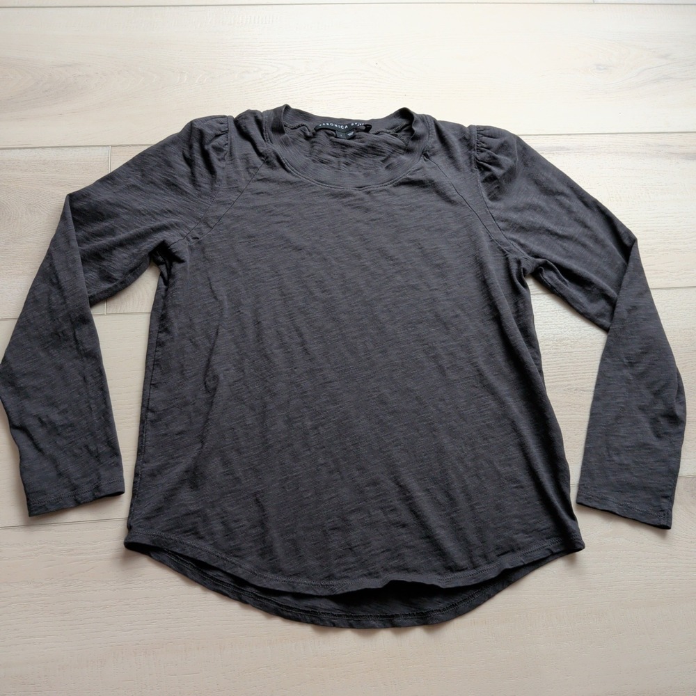Veronica Beard Jeans Slub Top Women L Charcoal Gray Pima Cotton Puff Long Sleeve
